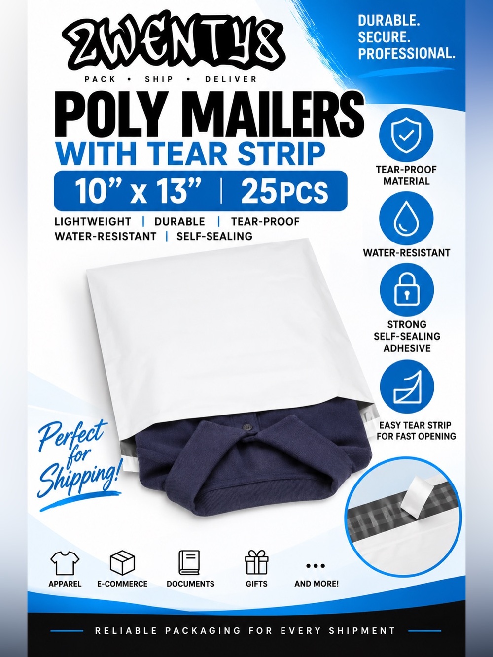 25pcs | 10” x 13” White Tear-Proof Poly Mailer With Tear Strip
